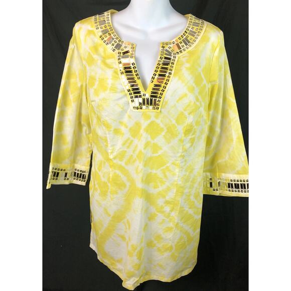 INC Tunic top 6 Yellow Tie-Dye Plunge V-Neck Beaded Boho hippie festival - Picture 1 of 6